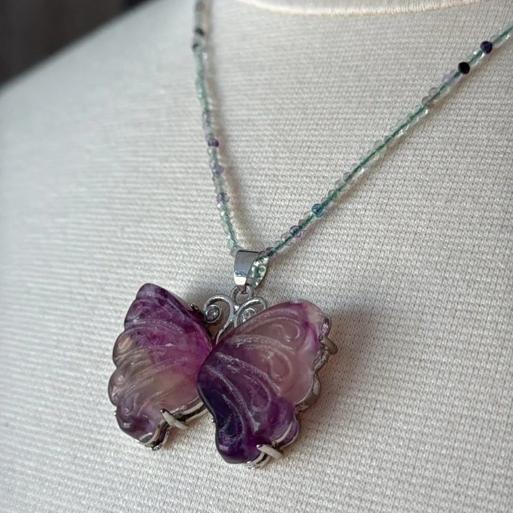 Handmade fluorite gemstone beaded necklace butterfly 18 inch elegant festival